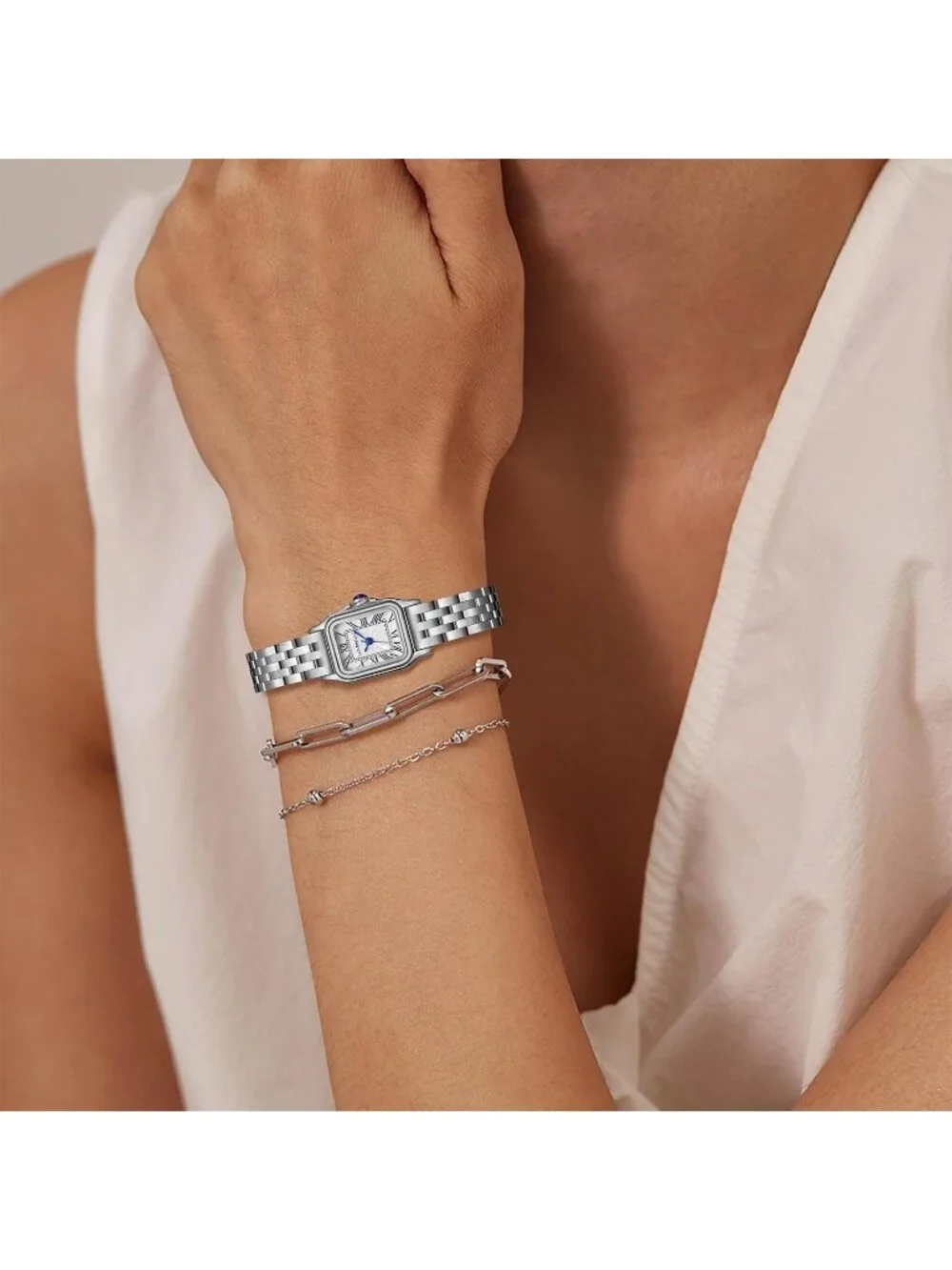Women's  Silver with Silver Chain Vintage Rectangular Case Fashion Wrist Watches